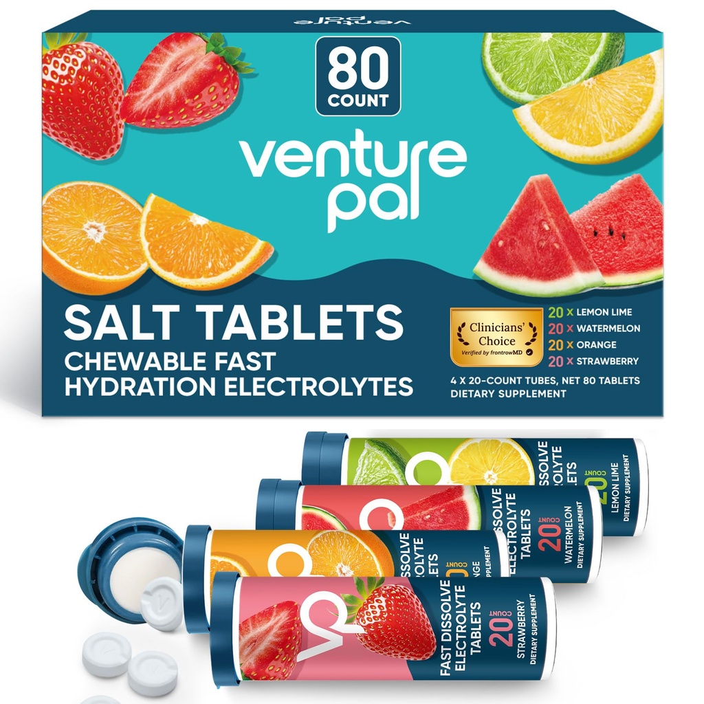 Venture Pal Chewable Electrolyte Tablets, 80 Count Fast- Display Sugar- Free Stick Salt Tablets - Pakiet Variety for Rapid Hydration, Outdoor Running, Turystyka piesza, Sport 124; Keto & Vegan Friendly