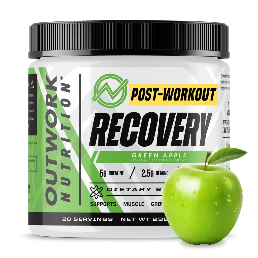 Outwork Nutrition Post Workout Recovery Powder - Monowodny kreatora, KSM- 66 Ashwagandha & Tart Cherry - Recovery Speeds, Eases Sooleness - Proszek do kreacji dla mężczyzn i kobiet, Zielone jabłko, 240 GR
