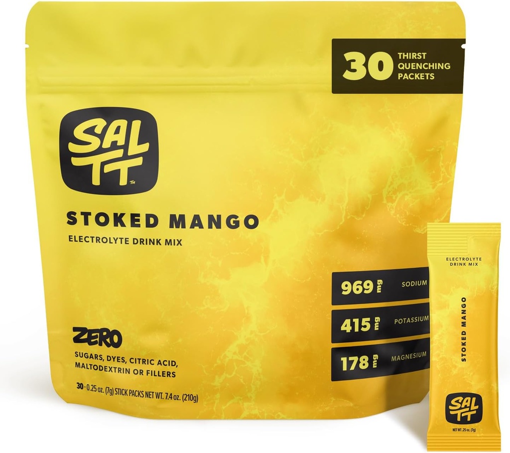 SALTT Electrolytes Proszek aromatyzowany napój Mix - zapakowane mango - 30 pakietów nawadniających - Magnez, Potas, Sód, Minerały śladowe - Zero Cukier & Gluten Free - Travel Essentials