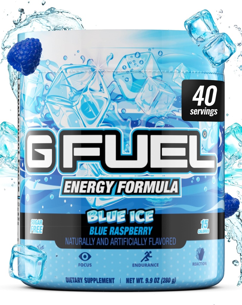 G Paliwo Blue Ice Energy Drink Powder, Wstępny trening kofeiny do gier, bezcukrowy Amino Focus, Witamina + Przeciwutleniacze, 9.9oz (Niebieski Malina, 40 Służenie)