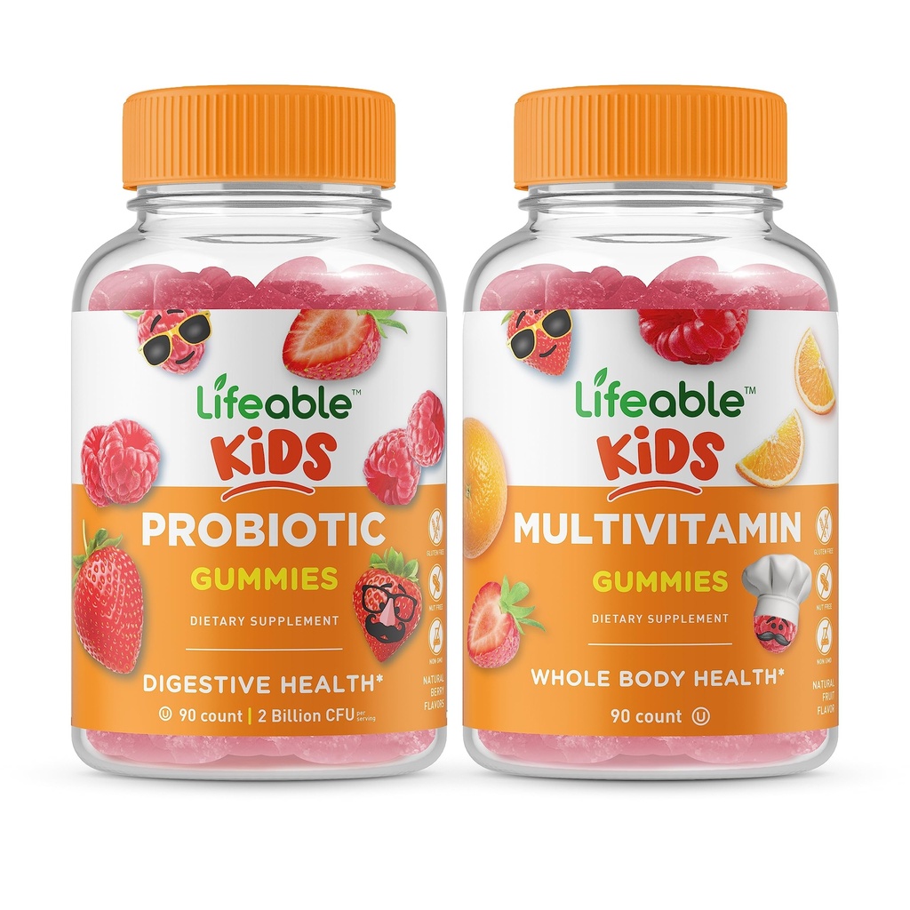 Żywe Probiotyczne 2 Miliard CFU Dzieci + Multiwitaminowe Dzieci, Gummies Bundle - Great Desting, Suplement witaminy, Gluten Free, GMO Free, Gummy do żucia