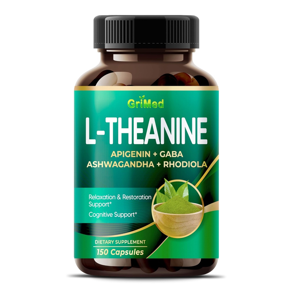 GriMed L- Theanine 11,900mg- X10 Power with Apigenin, GABA Ashwagandha, Rhodiola - Relaxation & Restoration Focus and Memory - Made in USA (150 Count (Pack of 1))