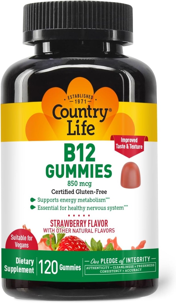Country Life Witamina B12 Gumiaki - 850 µg Cyanokobalamina, 120 Hrabia - Wegan, Gluten- Bezglutenowy suplement dla energii Metabolizm i Wsparcie układu nerwowego - Naturalny aromat truskawkowy, 2 g cukru