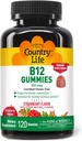 Country Life Witamina B12 Gumiaki - 850 µg Cyanokobalamina, 120 Hrabia - Wegan, Gluten- Bezglutenowy suplement dla energii Metabolizm i Wsparcie układu nerwowego - Naturalny aromat truskawkowy, 2 g cukru