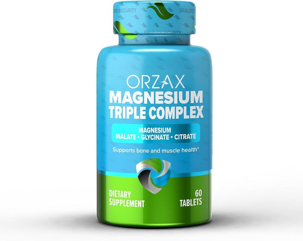 ORZAX Magnezu Triple Complex XI124; Magnezu Glycinate, Cytrate, Malate XI124; Vegan, Gluten Free, Dairy Free, Halal XI124; 200 mg Triple Complex Magnezu dla mięśni i energii dla kobiet i mężczyzn 124; 60 tabletek