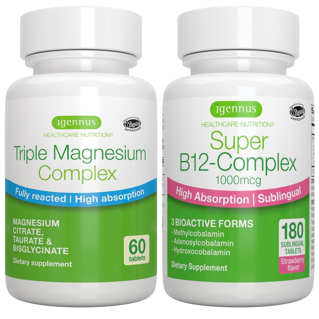 Triple Magnezu Complex + Super B12-Complex Energy Bundle, Wysoka absorpcja Chelatynowany Glicynian, Taurate & Cytrate Magnez + Wysoka absorpcja Podjęzykowy B12, Wegan, przez Igennus