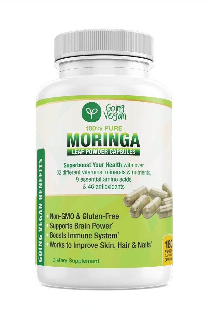 Kapsułki Moringa, 180 Vegan Pure Oleifera Leaf w proszku, 1200mg na Podawanie, Nie-GMO i Gluten- Free Suplement, 3 Dostawy Miesiące, Wsparcie układu immunologicznego, Metabolizm i booster energii