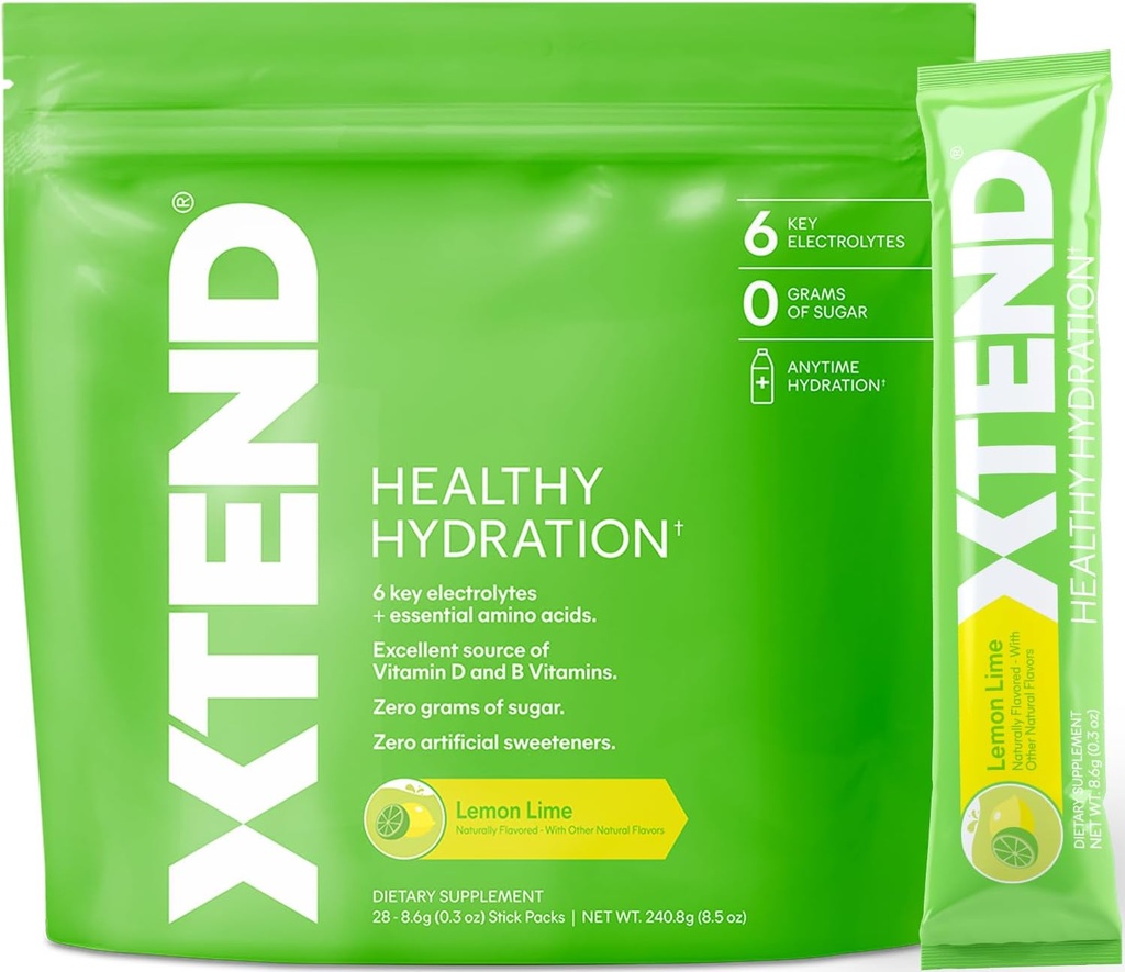 Xtend XTEND Zdrowe nawodnienie 124; Superior Hydration Powder Pakiety do nawadniania 124; Electrolyte Drink Mix do 124; 3 Esential Acids Amino 124; NSF Certified for Sport 124; 28 Sticks, Lemon Lime