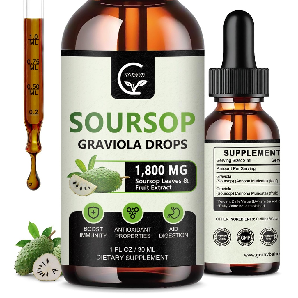(2 opakowania) Soursop Graviola płynne krople 1800mg, 98% Wchłanianie Soursop Bitters Liquid for Cell Support & Regeneration, Immune Boost, Relax, Wątroba i Sen, Herbal Goodness, Gluten Free, 1 Fl Oz