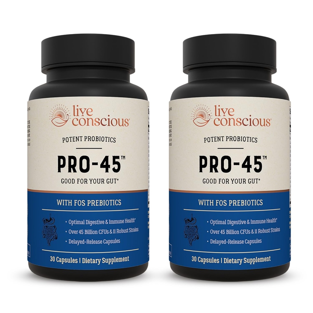 Live Conscious PRO45: Probiotic Formula, 45 Billion CFU, 11 Kompleksowe szczepy. Opóźnione uwalnianie czapek wegetariańskich. Promuje zdrowie immunologiczne i pokarmowe. 60 Kapsułki (2- Pack)