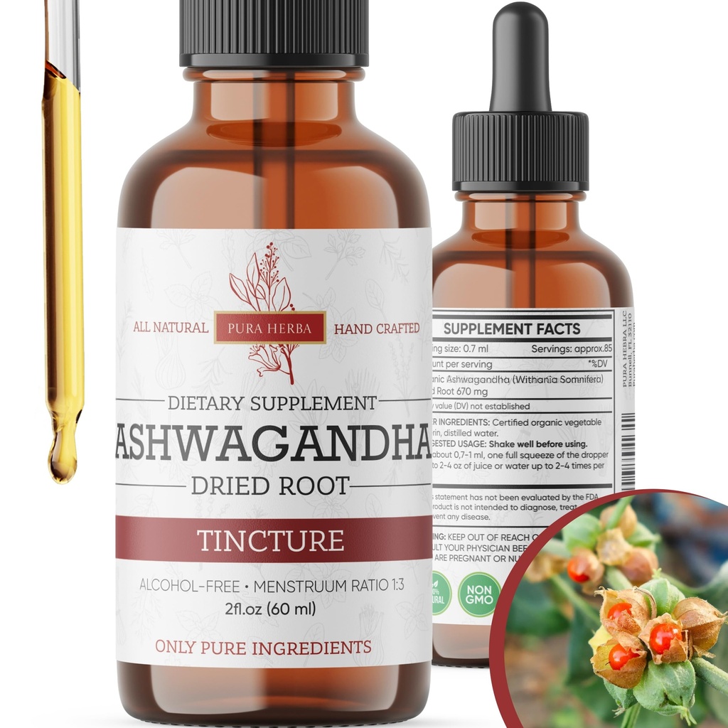 Organic Ashwagandha płynne krople, Ashwagandha Root Tincture, Ashwagandha Extract Herb Suplementy - 2 Fl Oz