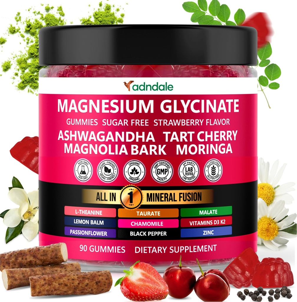 Adndale 90ct 15- in-1 Magnezu Gummies 400 mg / serw- z Magnezu Malate, Ashwagandha, Tart Cherry, Magnolia Bark, Lemon Balm, Passionflower, Rumianek, L- Theanine, Cynk, Witamina K2 & D3