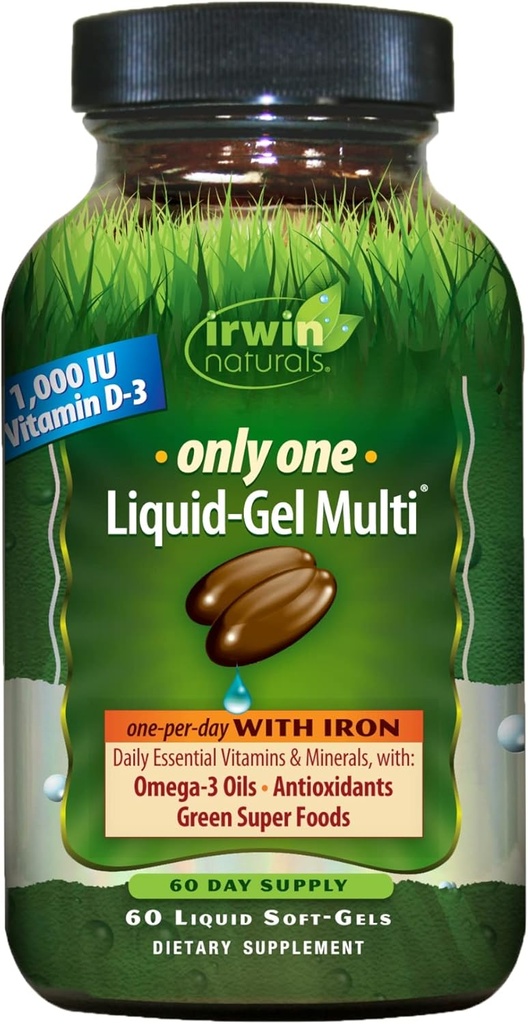 Irwin Naturals Only One Liquid- Gel Multi - 60 Softgels - One- Per- Day Multivitamin z żelazem, Omega-3 Oleje, Przeciwutleniacze & Zielony Super Foods