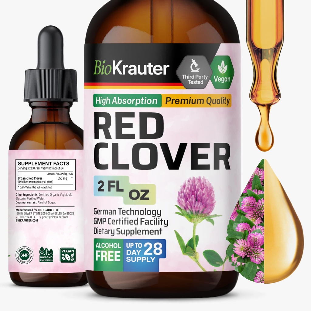 BIO KRAUTER Red Clover Tincture - Red Clover Extract - Liquid Supplement for Women 's Support - Alcohol and Sugar Free - Vegan Drops 2 Fl.Oz.