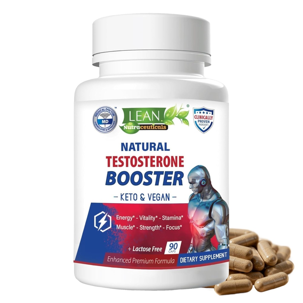 LEAN Nutra Testosteron Booster dla mężczyzn - Natural Vegan Supplement with Tongkat Ali, DHEA, Maca Root, Tribulus, Horny Goat Weed, Cynk, Boron, D- Aspartic Acid - Boost Strength, Energy, Muscle - 90 Caps
