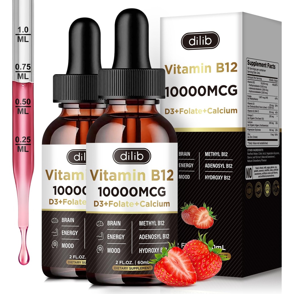 Witamina B12 Krople płynne Podjęzykowe 10000 µg, Triple B- 12 Complex Supplement, Mieszanka metylo- i metylokobalaminy dla kobiet i mężczyzn, Booster nastrojów i energii, Wsparcie metabolizmu i zdrowia, 2 opakowania