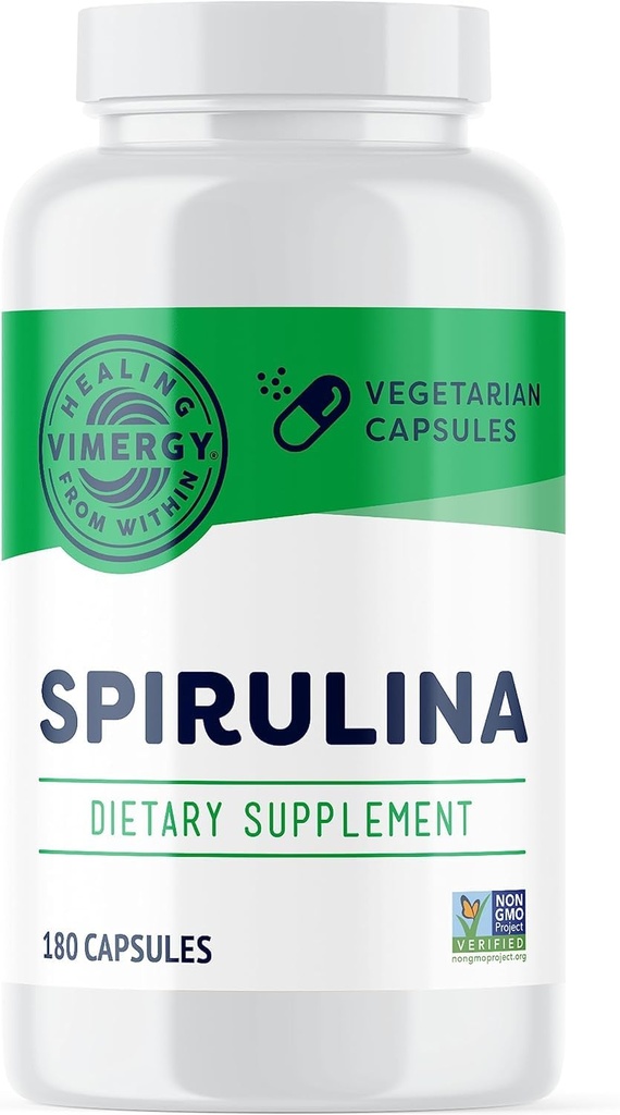 Vimergy Spirulina kapsułki - skoncentrowane białko roślinne wspomaga immunologiczne zdrowie i funkcje sercowo-naczyniowe - Wegan, Kosher, Gluten- Free - 180 Kapsułki