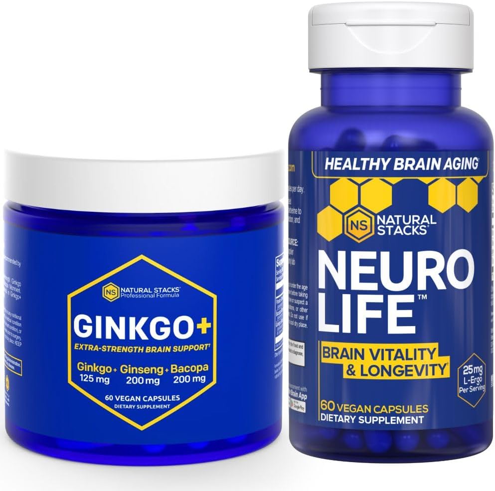 NATURAL STACKS Ginkgo Biloba + NeuroLife Supplement Bundle - wspomaga psychiczną wydajność i długowieczność mózgu * - 120 Kapsułki ogółem