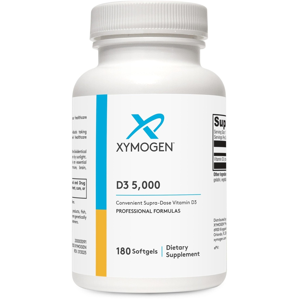 XYMOGEN D3 5000 - Biodostępna witamina D3 5000 j. m. (125 μg) - suplement witaminy D o dużej mocy w celu wsparcia zdrowia immunologicznego, kości + serca (180 Softgels)