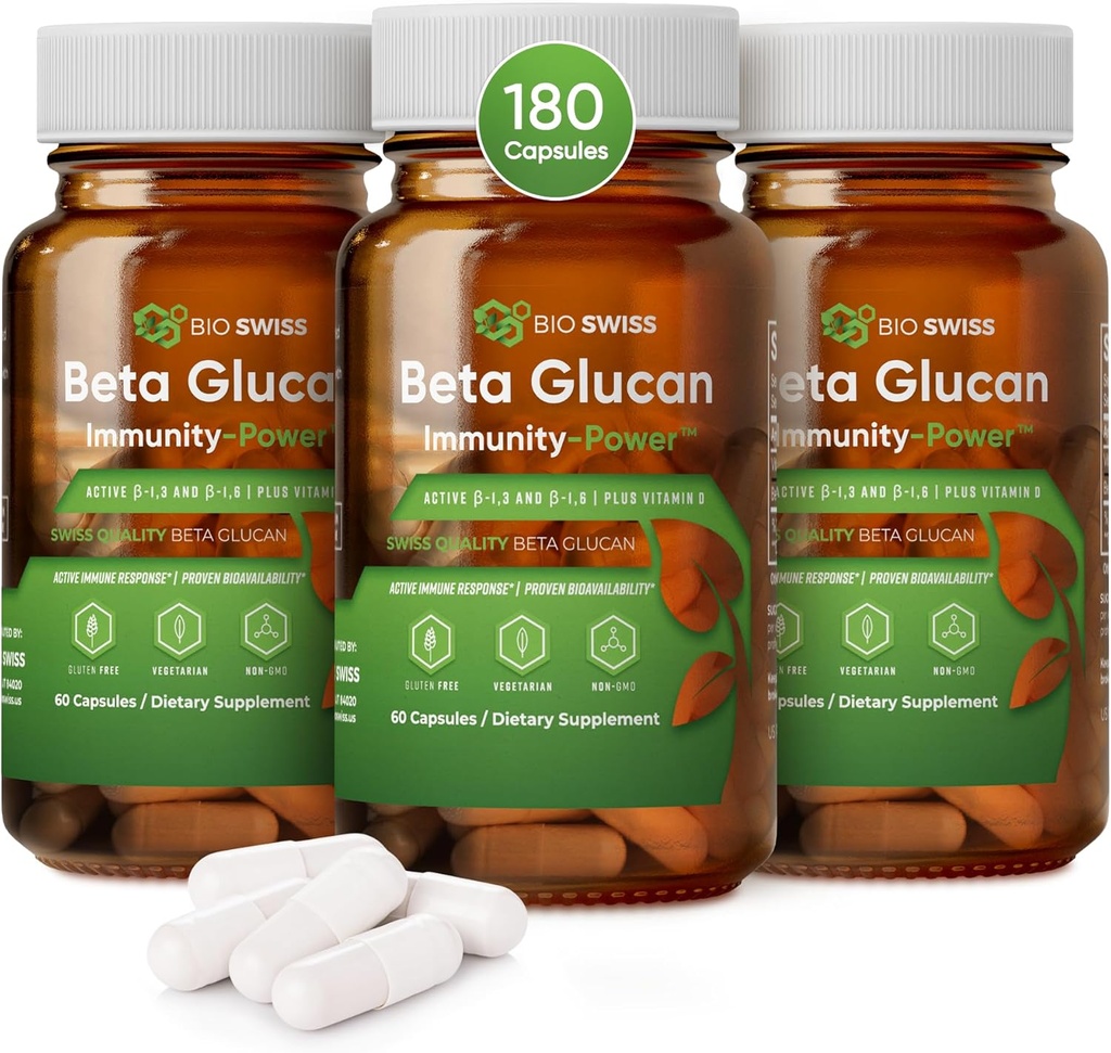 Bio Swiss Beta Glucan Immunity Power - 1,3D- 1,6D Glukan z witaminą D - Suplement wsparcia immunologicznego dla wzmocnionej obrony i Wellness - Wegan, Gluten- Free (180 kapsułki)