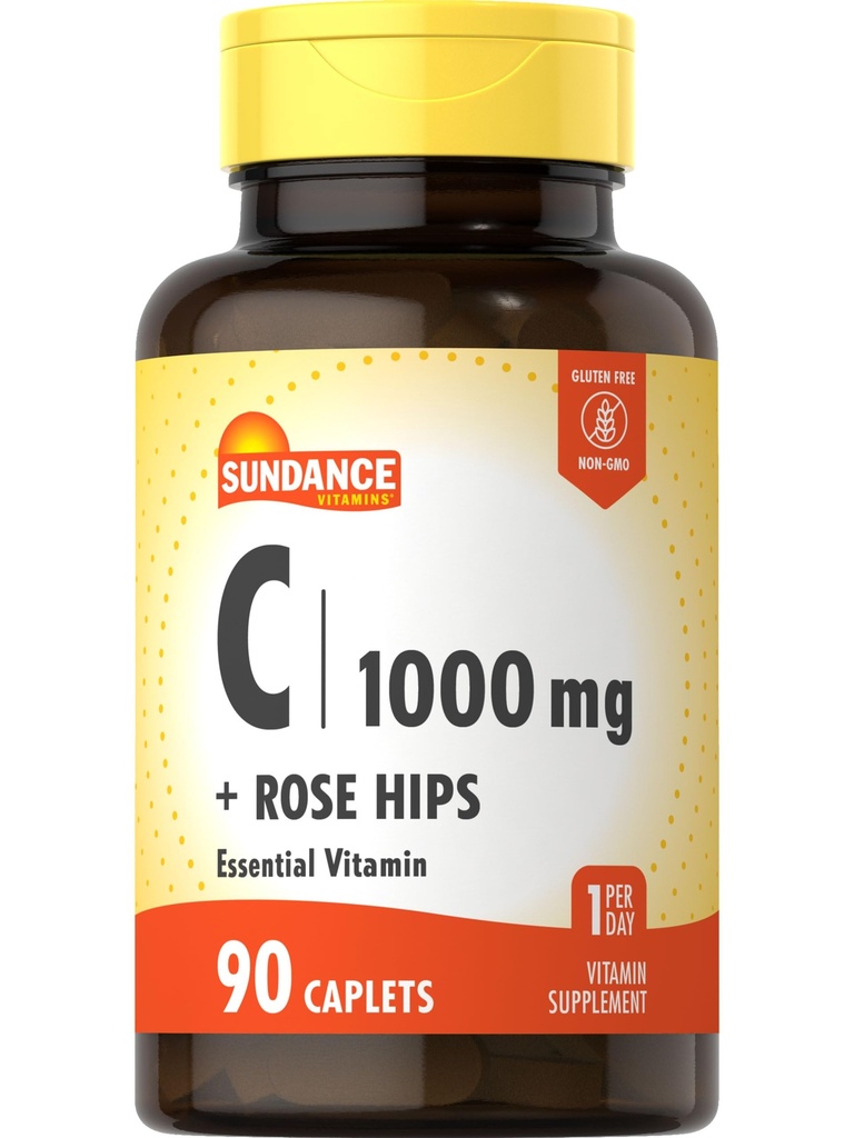 Sundance Witamina C 1000mg z Rose HIPS 124; 90 Kaples wegetariańskie 124; Witamina zasadnicza 124; Wegetarianin, Non-GMO i gluten suplement wolny