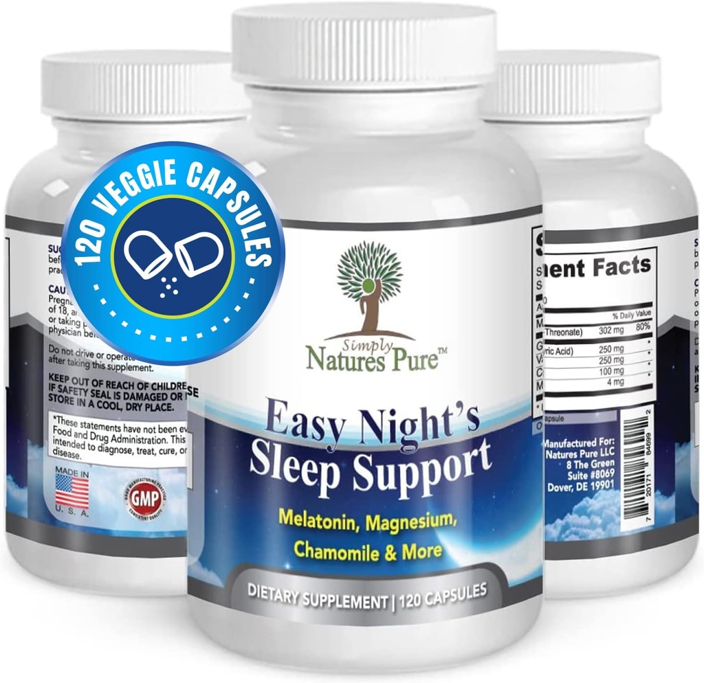 Po prostu Natury Czyste - Łatwe Night 's Sleep Support - Natural Supplement - Magnez - Valerian Root - Rumianek - Melatonina - Kapsułki roślinne - Non-GMO