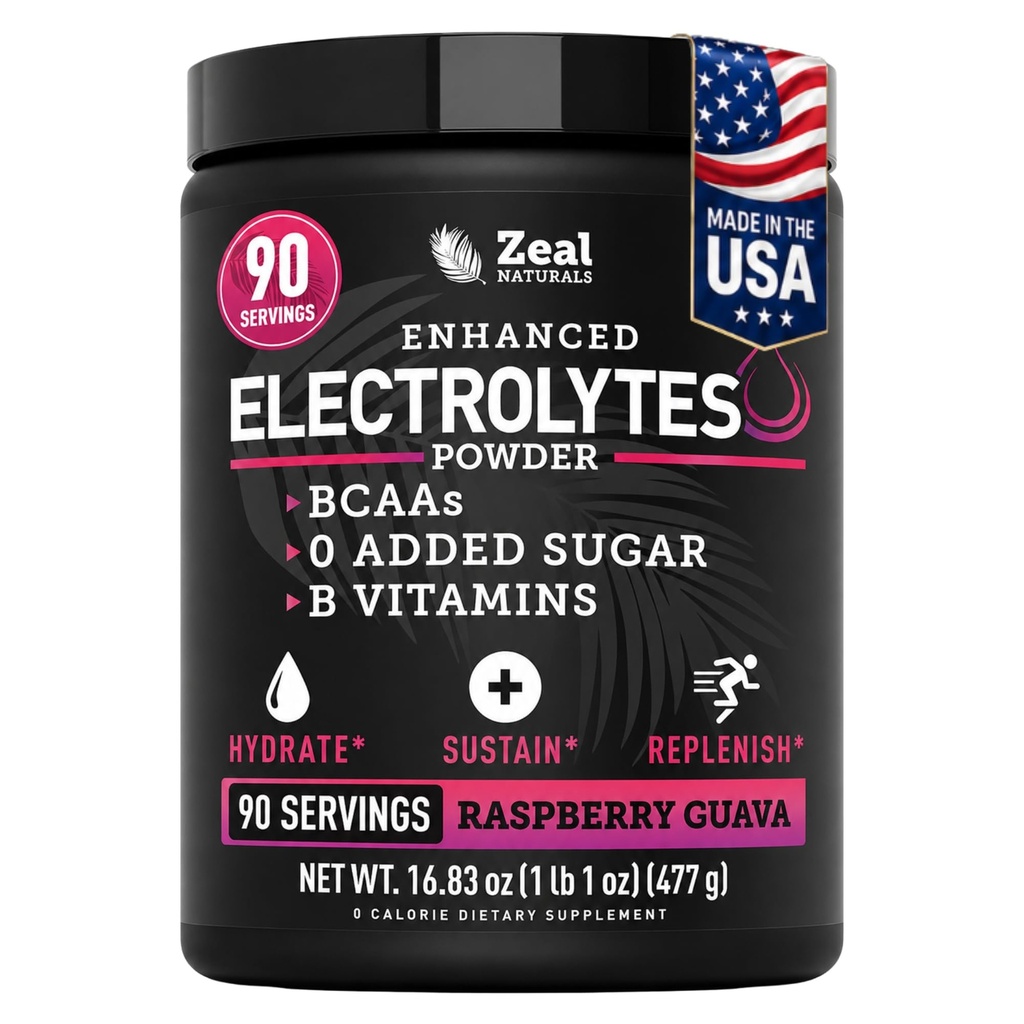 Zeal Naturals Electrolyte Powder Recovery Drink (90 Słupy 124; Malina Guava) w 0 Cukier + BCAA + B- Witaminy Suplement Elektrolitu w Cynk potasu i magnezu do hydrolizy - Keto Electrolytes