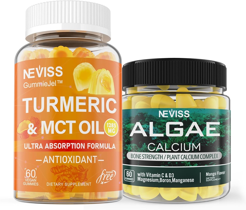 NEVISS Wolne od cukru Kurkuminy Gumy + Morskie Algi Suplement wapnia 600mg, Wysoka Absorpcja, Wegan