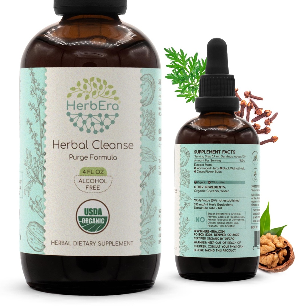 HerbEra Herbal Cleanse Organic Alcohol- Free Tincture Budapest 124; Detox and Cleanse Formula, Extract Supplement Deposition 124; Organic Wormwood Herb, Black Walnut Hull, Cuves Flower Buds Budapest 124; Purge Extract (4 fl oz)