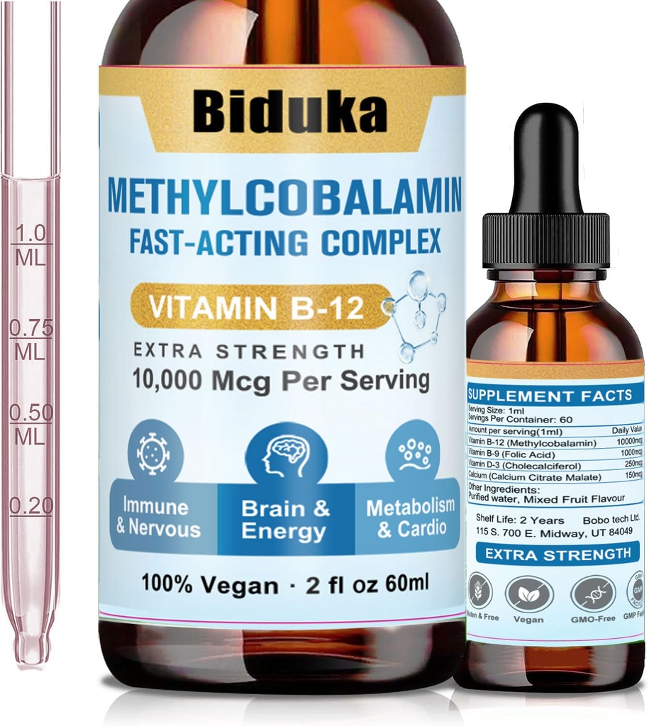 10,000mcg Witamina B12 Podjęzykowe krople płynne, Unikalny wzór z D3, B9 (Kwas foliowy), Wapń, Wsparcie energii, Serce, Nastrój, Mózg, System immunologiczny, Wegetariański, Non-GMO & Gluten Free
