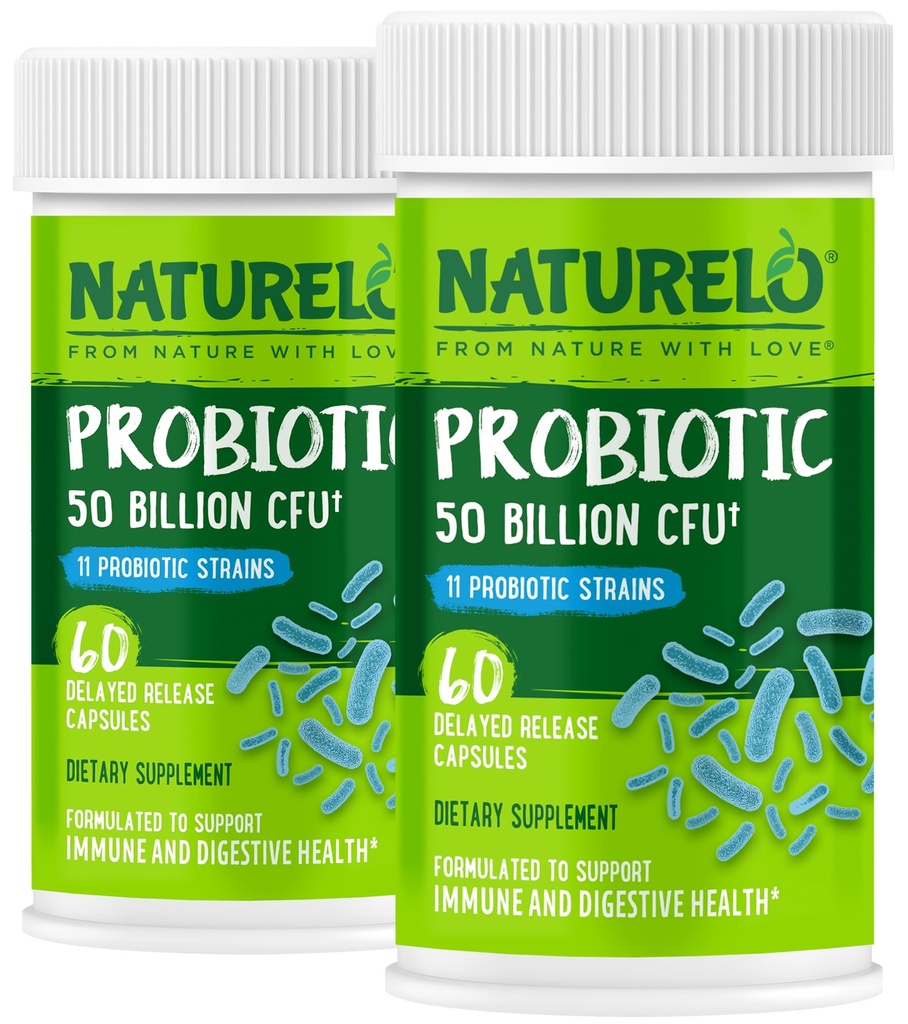 Probiotyki NATURELO dla zdrowia trawiennego - 50 Miliard CFU, 11 Szczepów, Codzienne zużycie Suplement - Wzmacnia system immunologiczny, Opóźnione uwolnienie, No- Lodówka, 60 Kapsułki wegetariańskie (Opakowanie 2)