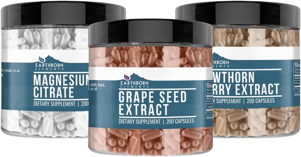 Ziemskie elementy Hawthorn Berry, Nasiona winorośli, & Magnezu Cytrate Bundle (200 kapsli), Czysty i Nierozcieńczony, Brak dodatków