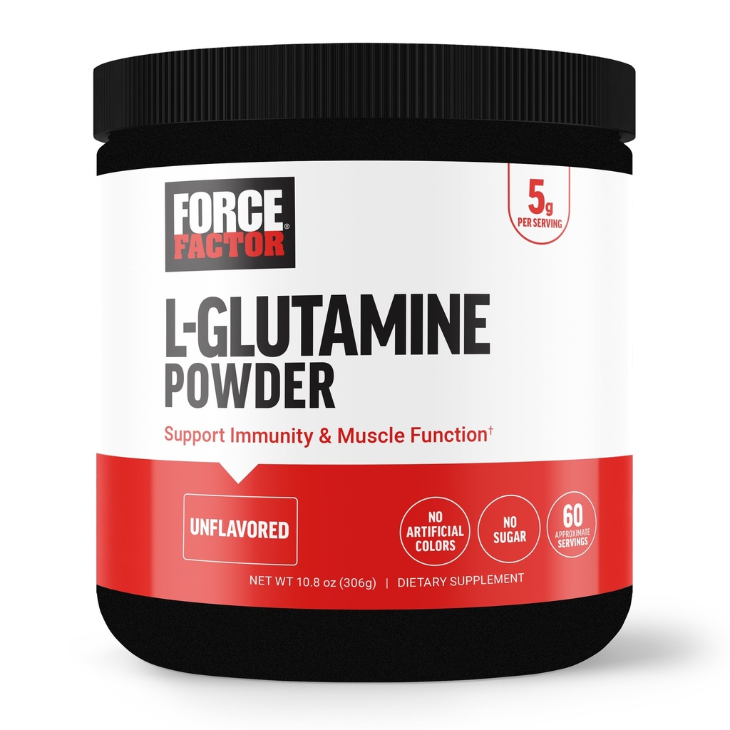 FORCE FAKTOR L- glutamina Proszek do potreningu, Odzyskiwanie mięśni, Zdrowe funkcje mięśni i odporność, 5000mg / 5g suplement glutaminy, Wegan, Non-GMO, 60 Służenie