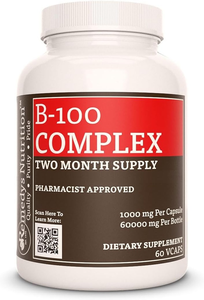 Żywienie Remedy Witamina B- 100 Kompleks witaminy 124; 1000 mg, 60 Kapsułki Vegan Suplement diety 134; Dwa miesiące dostaw