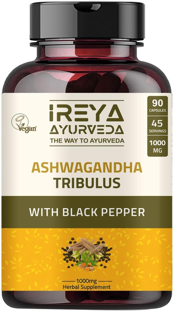 Ashwagandha kapsułki organiczne 1000mg (90 kapsułek) wykonane z Tribulus Terrestris, Shatavari i Black Pepper składników organicznych 124; 45 Days Supply