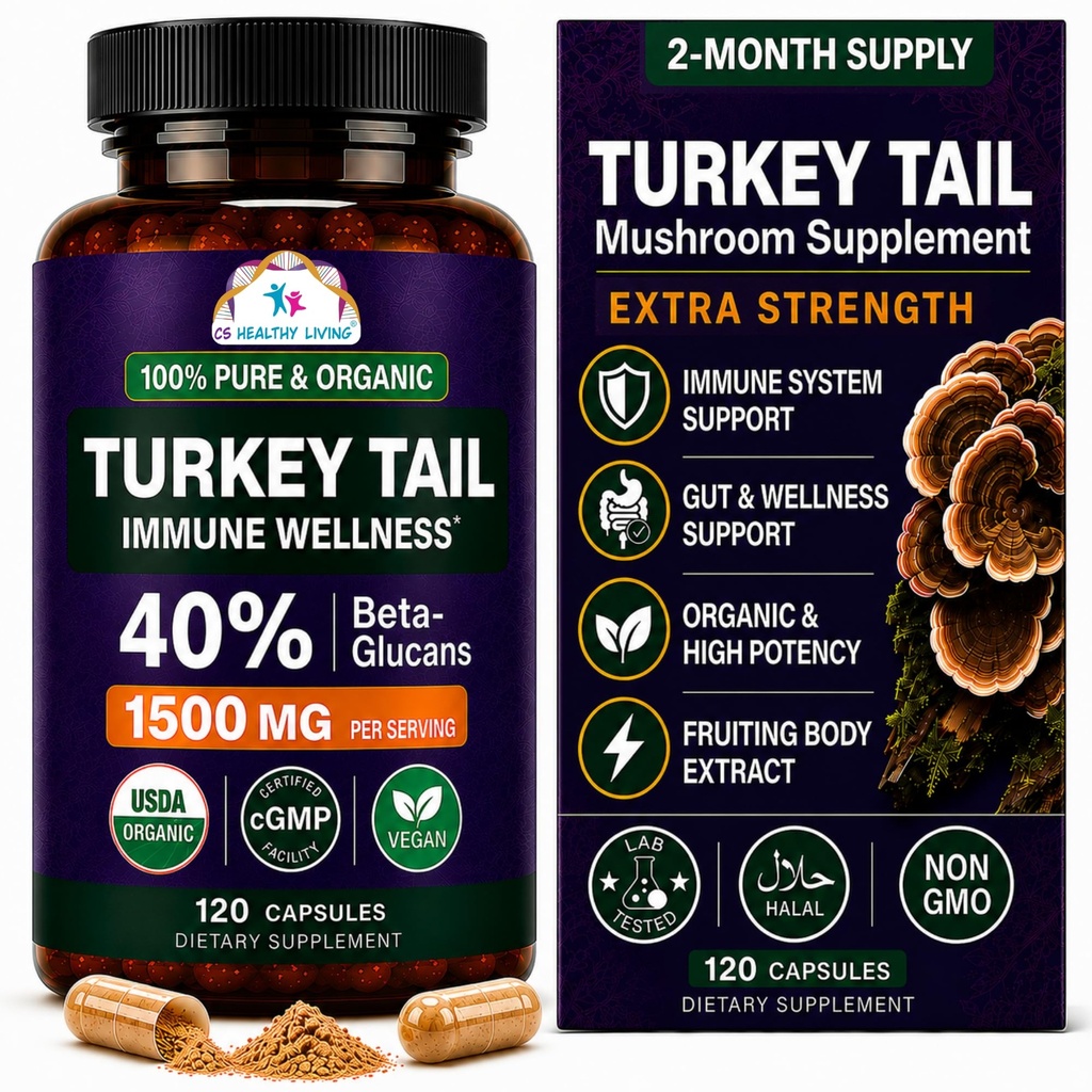 CANCER NAUKI Turcja Tail Wellness Mushrooms Supplement, USDA Certified Organic Extract, Extra Siła 1500 mg, Wysoka moc 40% Beta- Glukan, Gut & Immune Support, Natural Digestive, 120 Kapsułki