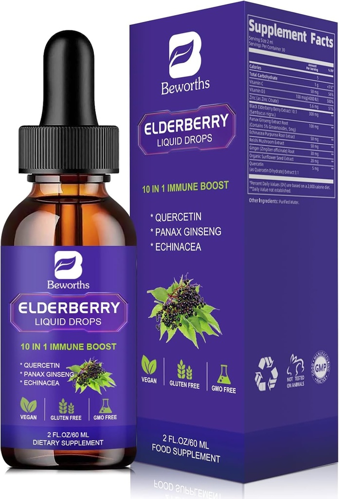 Syrop Elderberry 'ego 124; Kwercetyna Czarna Płyn Elderberry z Quercetin, Panax Ginseng dla immunologicznego wsparcia 124; Sambucus Elderberry z Witaminą C i Cynk, D3 Bilans 124; Wegan 124; Non-GMO Bilans 124; Oryginał