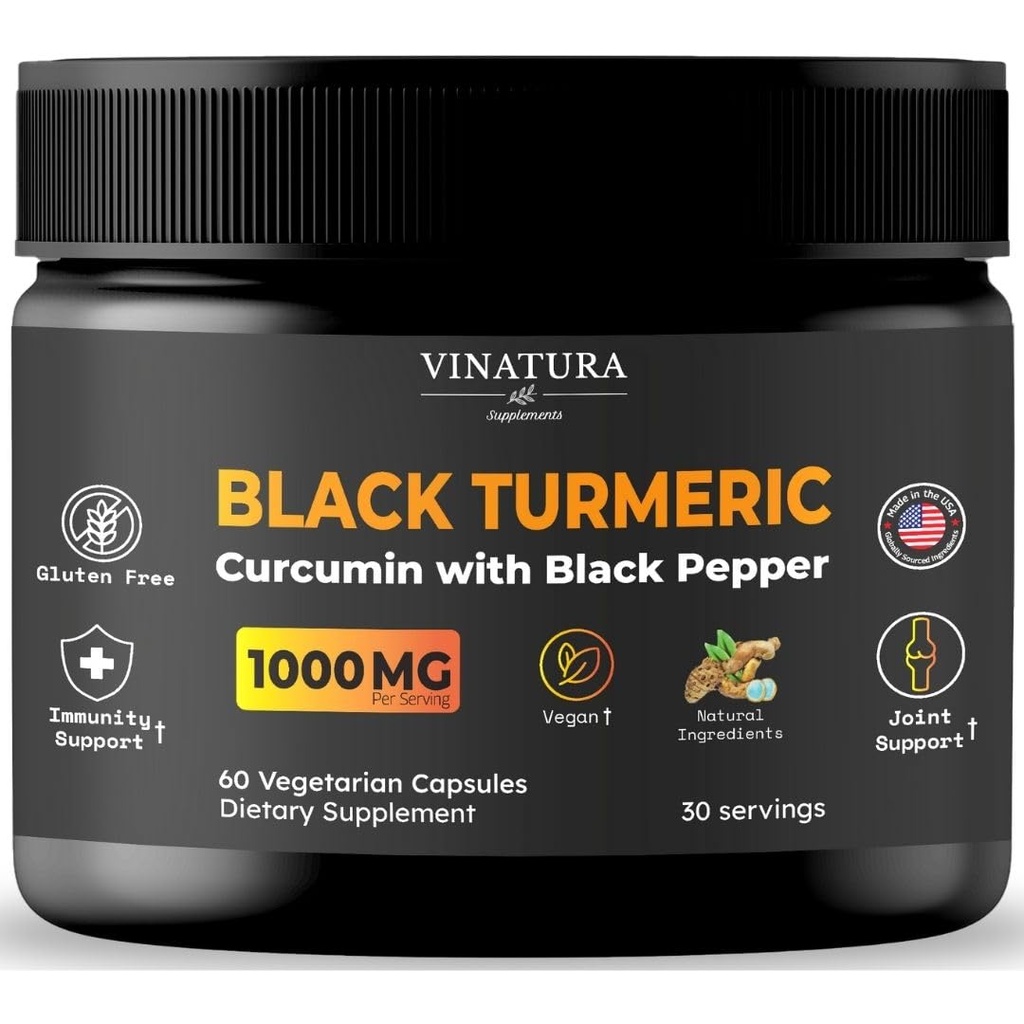 VINATURA Black Turmeric, Kurkumina z Black Pepper 1000mg - Kurkumina z Turmeric Black - Curcuma Caesia, Curcuma Longa, Black Pepper 95% Piperine - 60 Kapsułki 30 Służenie