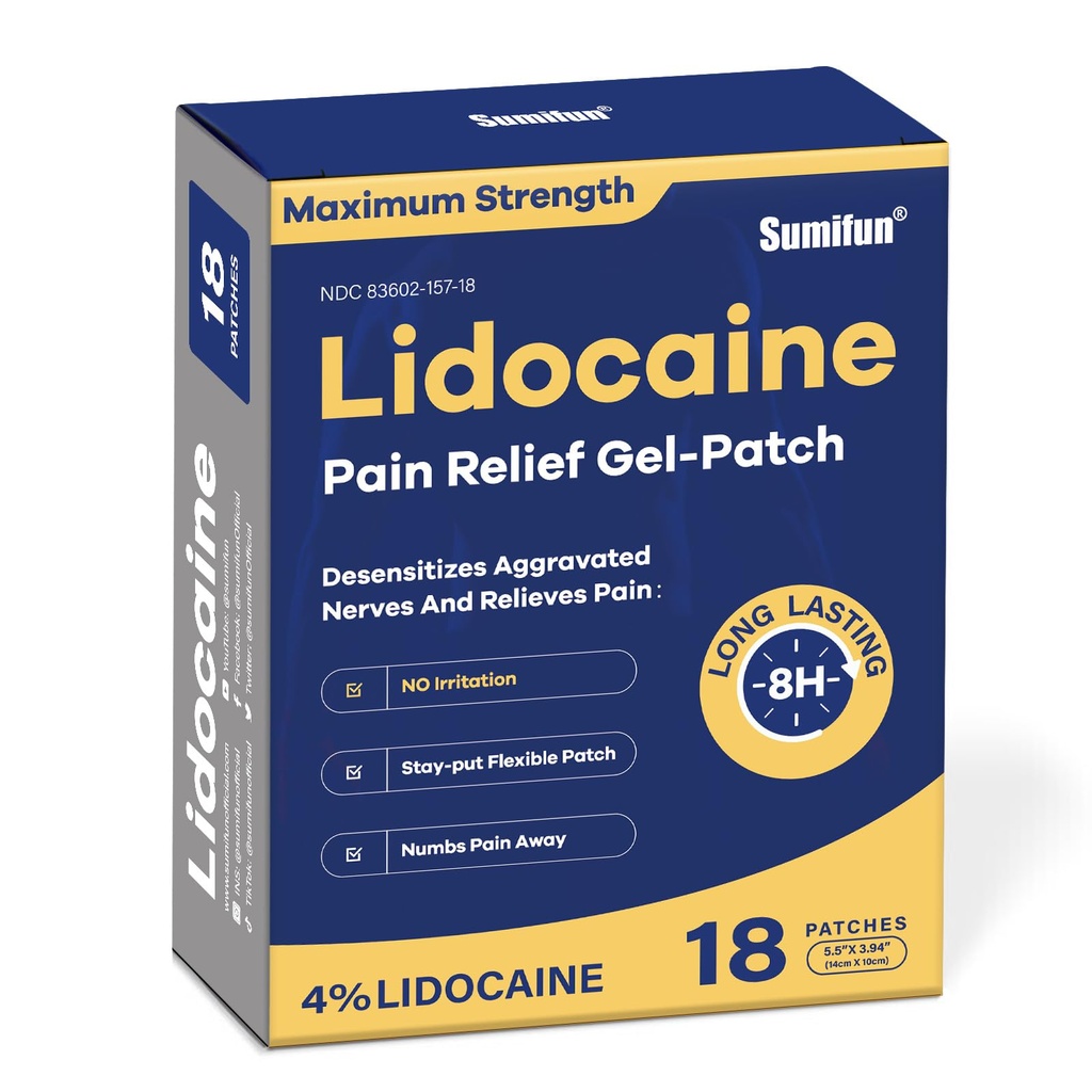 Sumifun 4% Lidokaina Pain Relief Patches - OTC Maksymalna wytrzymałość - Elastyczne i długowieczne, 18- Count Lidocaine Patches for Back, Neck, Muscle, Joint Pain - Unscented Pain Patch