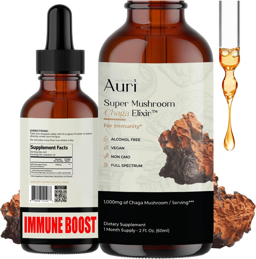 Auri Super Chaga Elixir - Mushroom Superfood Liquid Supplement z pełnym spektrum immunologicznego wsparcia ze stresu oksydacyjnego i energii Lift - Chaga Tincture 60ml