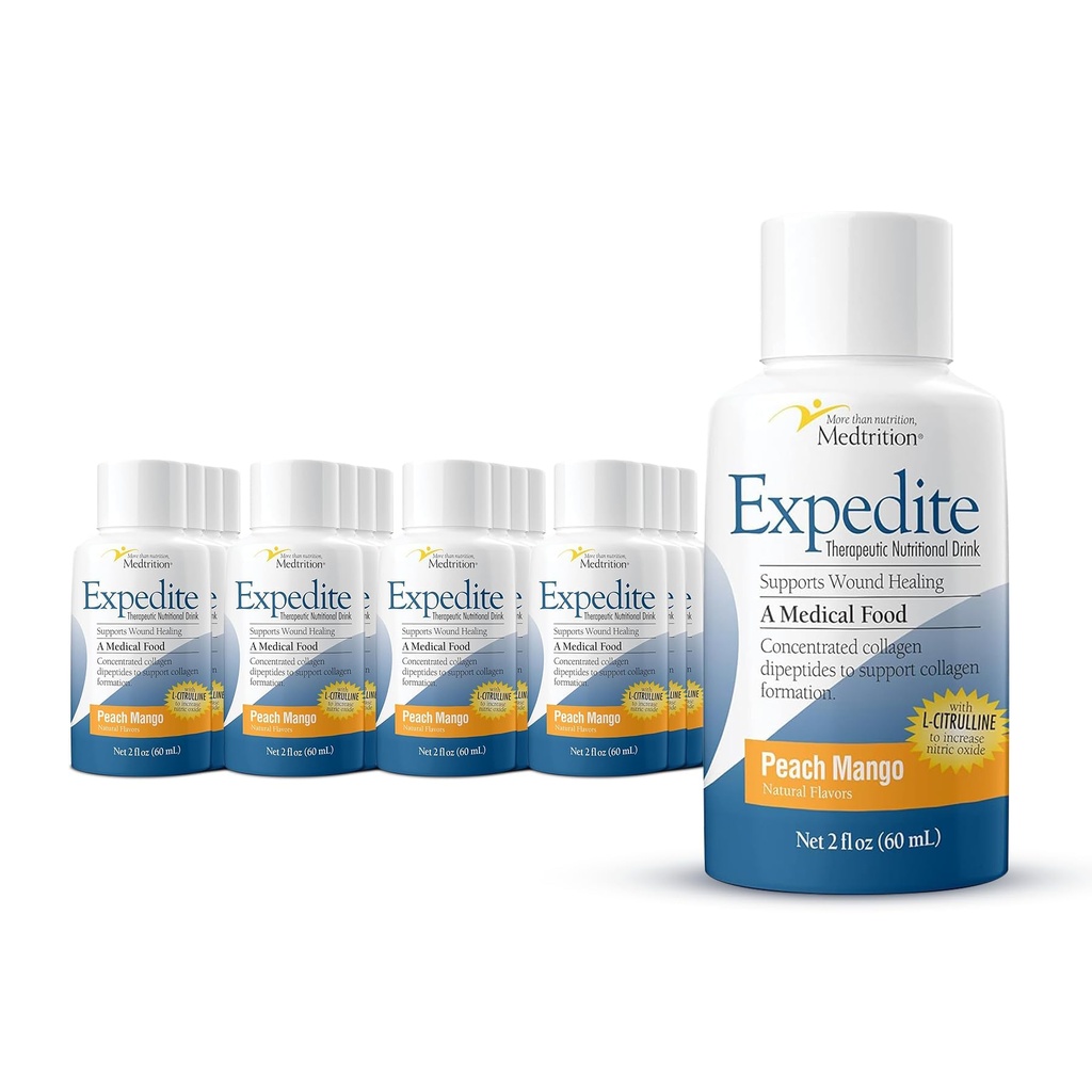 Medtrition Expedite Liquid Collagen, Peach Mango, 2 Fl Oz, Pack of 24 - Wsparcie odżywcze dla ogólnego, ortopedycznego i chirurgii kosmetycznej
