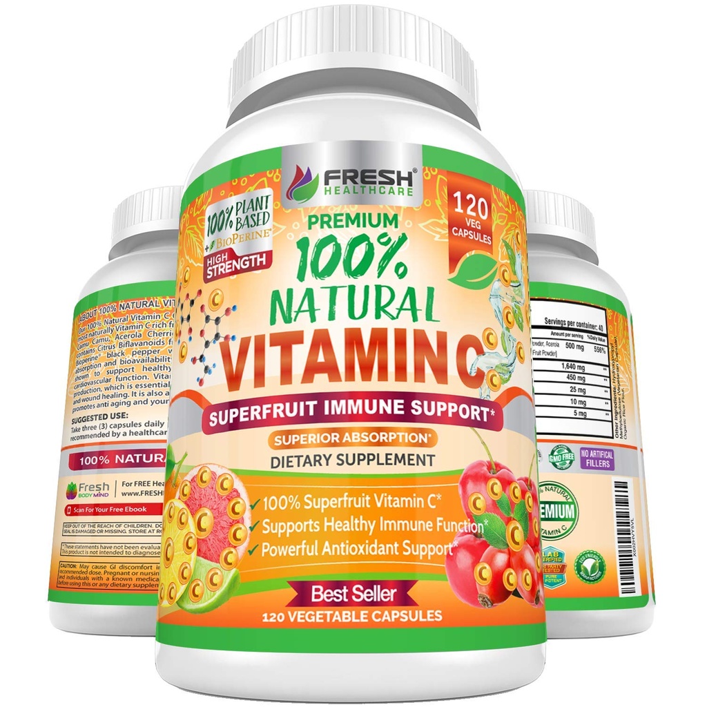 Fresh Healthcare 100% Natural Witamina C - 500mg z Rose HIPS, Acerola Cherry & Camu Camu - Wysoka absorpcja immunologicznego wsparcia, Skóra, Joint & Collagen Booster z Citrus Biflavonoids - 120 Kapsułki