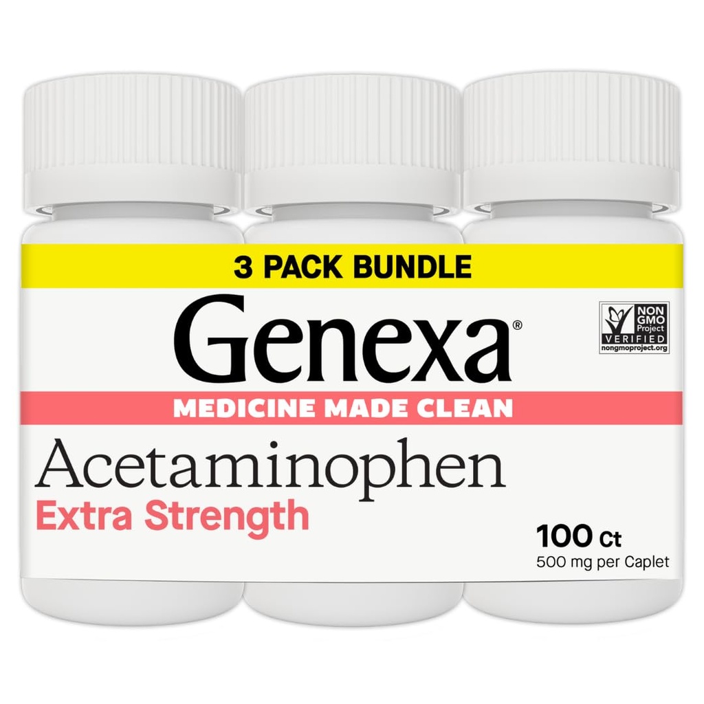 Genexa Czysty Acetaminofen 500mg Dodatkowa moc, Bezbarwny ból Reliever Fever Reducer, 0% Sztuczne dodatki, Medycyna przeciwbólowa dla dorosłych, Ulgi Ból głowy, Ból pleców, Drobne zapalenie stawów, 300 Tabletki