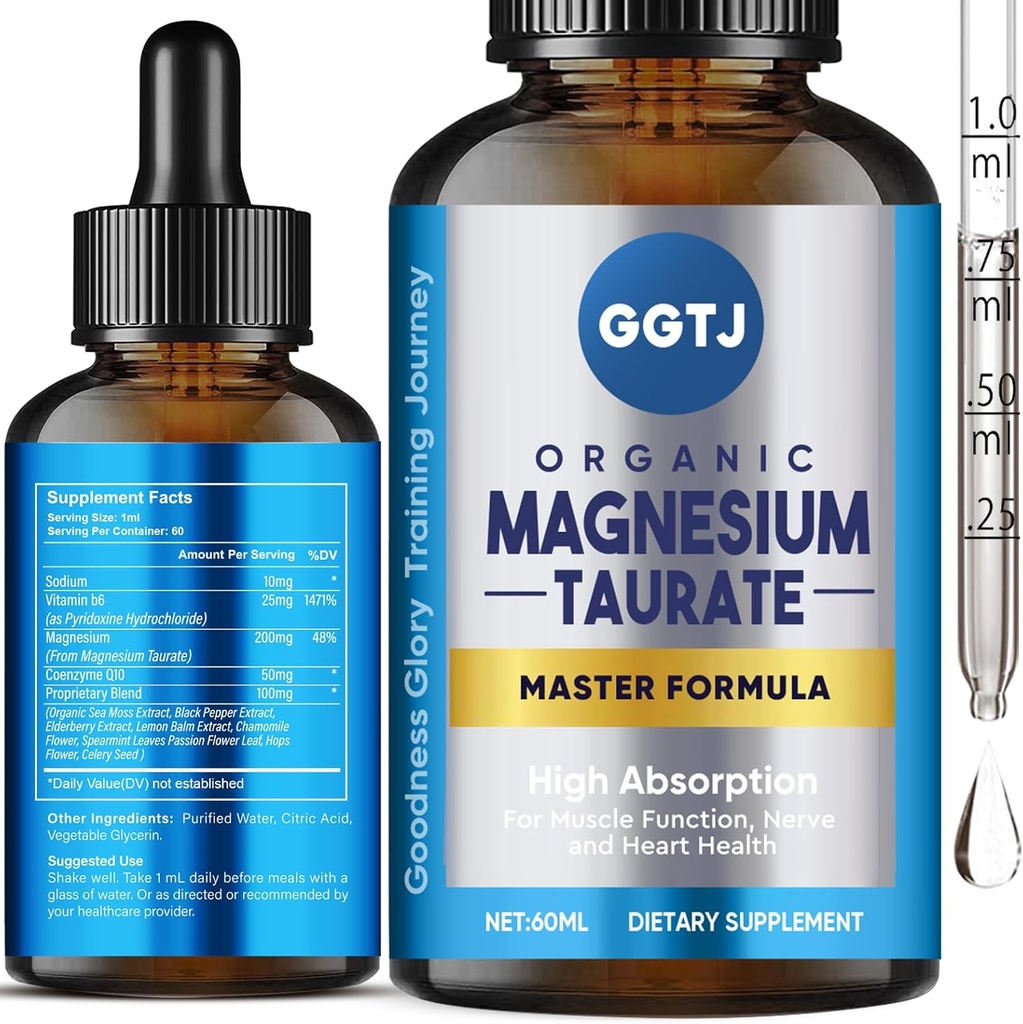 Magnezu Taurate, Magnezu Taurate Liquid Drop, Wysokiej Absorpcji Suplement magnezu do układu sercowo-naczyniowego, Mięśnie i Nerve Function, 2 oz