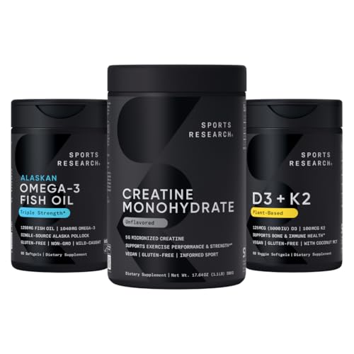 Sport Badania Potrójne Siła Omega 3 Olej rybny - Beztłuszczowy Suplement oleju z ryb w / EPA & DHA Kwasy tłuszczowe, Kreatyna Monowodzian & Rośliny Witamina D3 K2 z oleju kokosowego