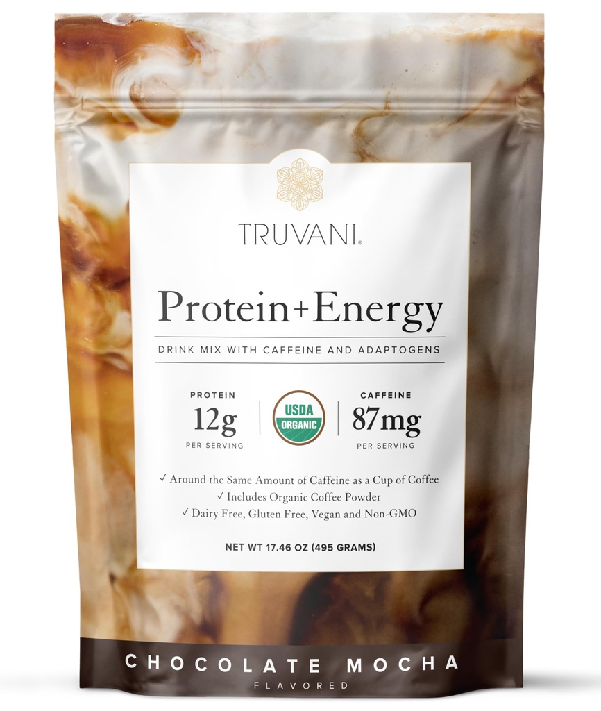 Truvani Protein + Energy Drink Mix z 87mg kofeiny 124; Czekolada Mocha 124; 12g Organic Plant Based Protein 124; 20 Służenia 124; USDA Organic Coffee Powder & Adaptogens X124; Gluten & Dairy Free 124; Wegan