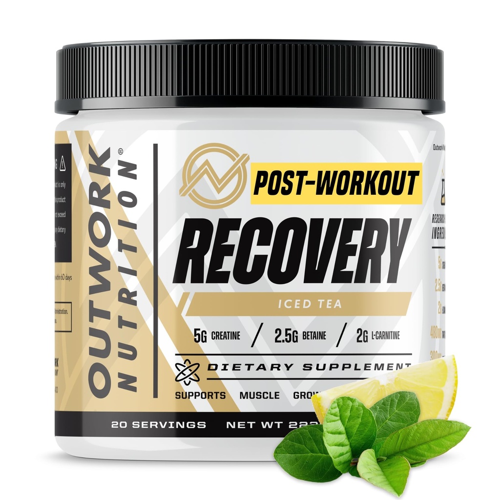 Outwork Nutrition Post Workout Recovery Powder - Monowodny kreatora, KSM- 66 Ashwagandha & Tart Cherry - Recovery Speeds, Eases Soveness - Proszek kredowy dla mężczyzn i kobiet, Mrożona herbata, 240 GR