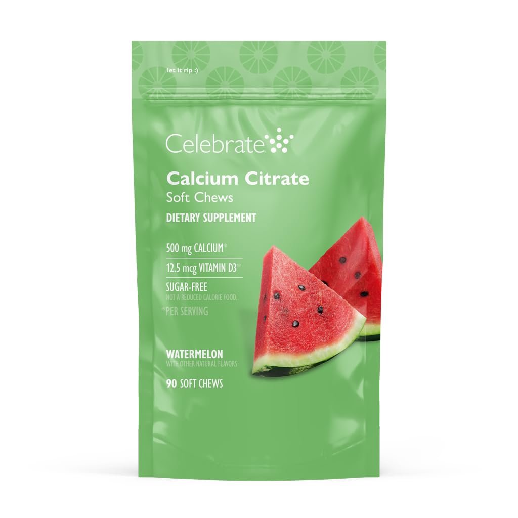 Świętuj Witaminy Bariatric 500 mg Wapnia Citrate Soft Chews z 500 IU Witamina D3 - Zasadnicze dla pacjentów z przedostatnimi przechodniami żołądka i kości - Cukier & Gluten Free, Melon (90 Chews)