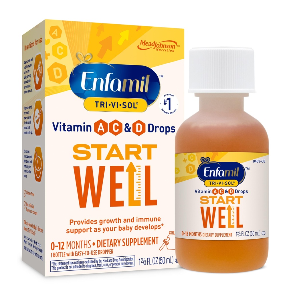 Enfamil Tri- Vi- Sol Infant Multivitamin Drops, Wspiera wzrost i zdrowie immunologiczne dla dzieci, 50 ml butelki
