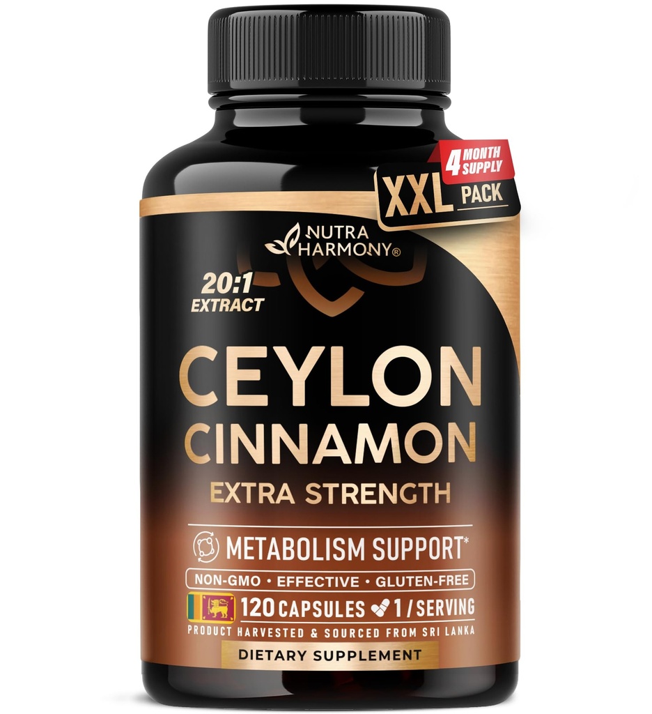 Ceylon Kapsułki cynamonowe - Dodatkowa siła - Energia, Serce i Wsparcie Metaboliczne - dla mężczyzn i kobiet - Czysty naturalny ekstrakt 20: 1 Suplement - Made in USA - GMO & Gluten Free, 120 Kapsułki, 4 Miesiąc dostaw